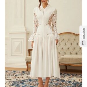 Lace-Inset Long Sleeve White Midi Dress
